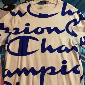 white and blue champion short sleeve
